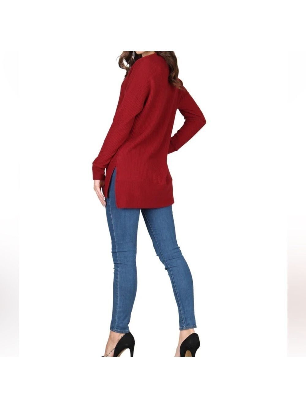 Lildy Women's Solid Waffle-Knit Tunic Sweater V-Neck Long Sleeve Red L-XL